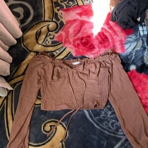 Brown Off-Shoulder Long Sleeve Top